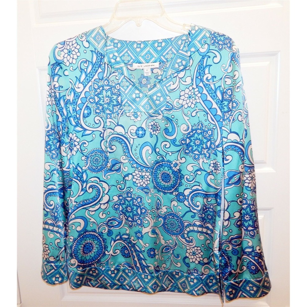 St John Aqua White Tunic Stretch Blouse P